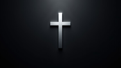 Fototapeta premium Christian cross in a dark setting with light highlighting its shape on the wall.