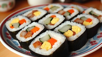 A plate of Korean kimbap (rice rolls) with pickled vegetables, fish cake, and egg, wrapped in seaweed and served in a traditional dish