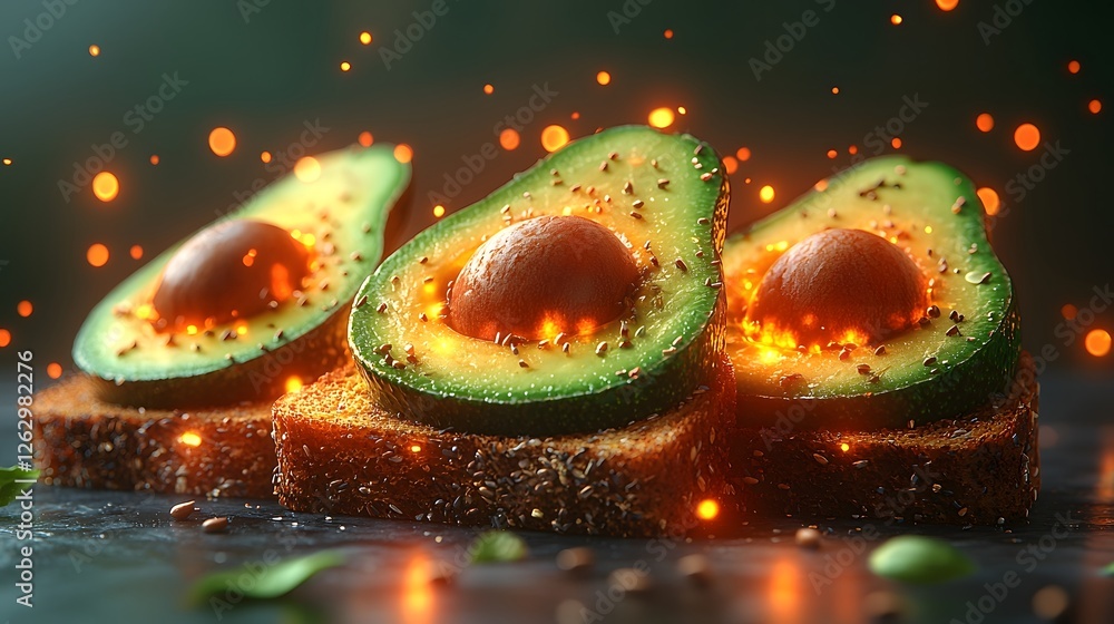 Poster glowing 3d avocado halves and toast slices in vibrant pattern background