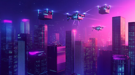 A futuristic city skyline at night, with AI-controlled drones delivering packages and high-speed data flow