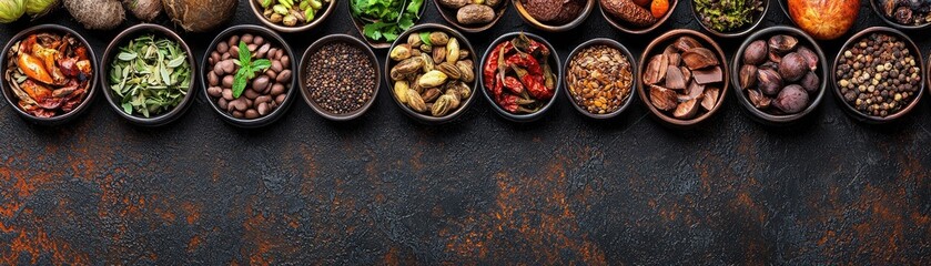 Aromatic spices in bowls, rustic background, food photography, recipe illustration
