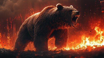 A fierce bear with a red downward stock chart in the background, symbolizing a market crash.