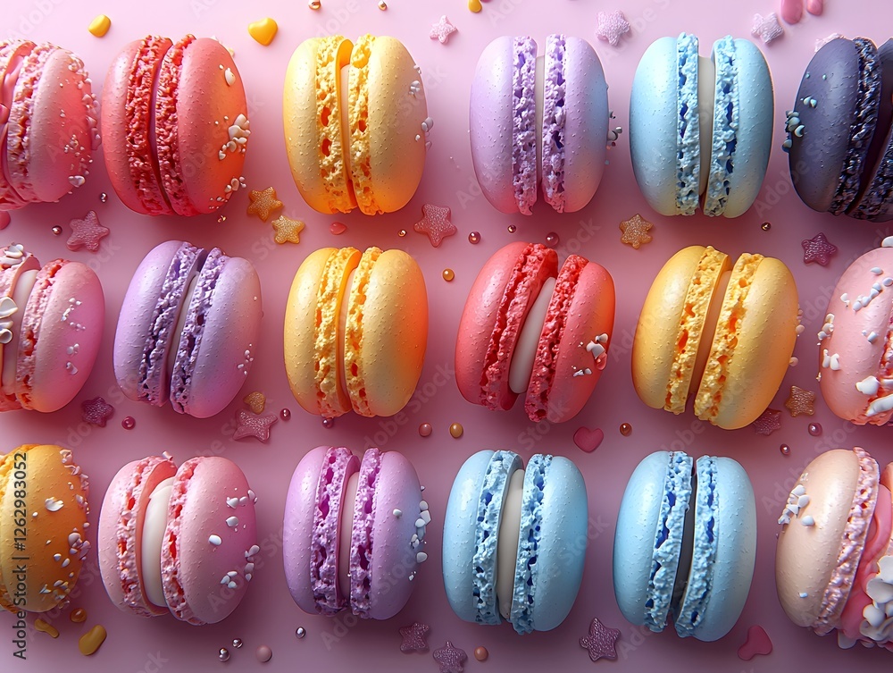 Poster vibrant pastel 3d mini macaron pattern arranged in playful circular compositions on minimalist backg