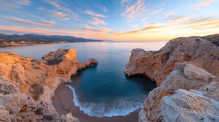 Coastal sunset cove, tranquil beach, cliffs, panoramic view, travel poster