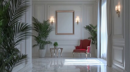 Elegant red armchair in luxury interior, sunlit marble floor, plants, use home decor