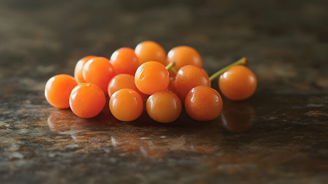 Small sweet capulin cherries from Ecuador, placed on a surface for close-up shot 16:9 - Image #1 @fme39856