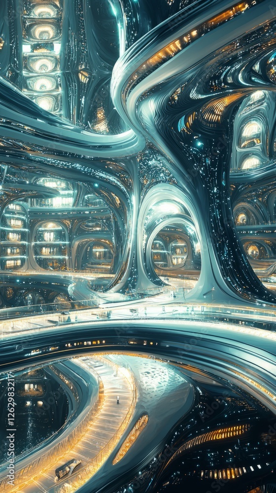 Poster futuristic interior design with glowing structures and curved forms