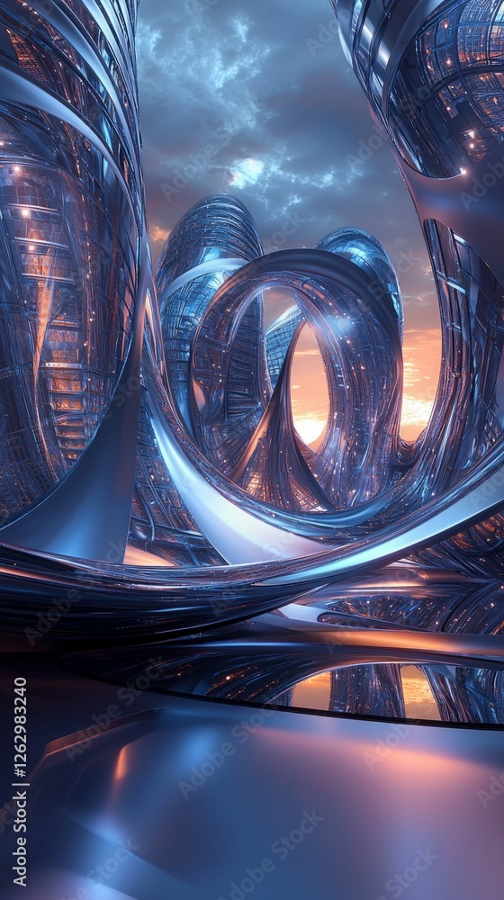 Poster futuristic abstract architecture with curved metallic structures