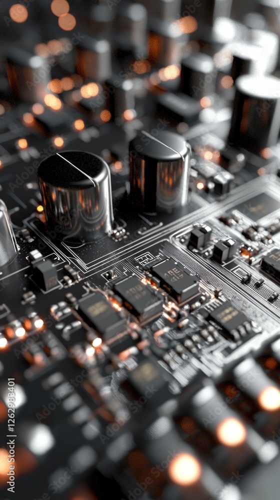 Poster close-up view of abstract circuit board with electronic components