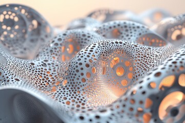 Abstract 3D render of a white, porous, wave-like structure with warm inner glow.