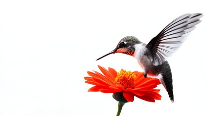 Naklejka premium a hummingbird feeding from a bright red flower, captured in golden sunlight, stunning realism, isolated on white background