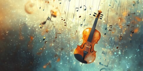 Fototapeta premium Captivating blue and white abstract swirls encase a gracefully poised, light-brown violin at their heart, its curves leading elegantly to the right