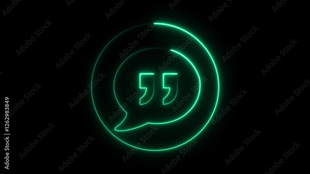 Poster glowing neon quotation mark symbol inside a speech bubble icon isolated on black background.quote ma