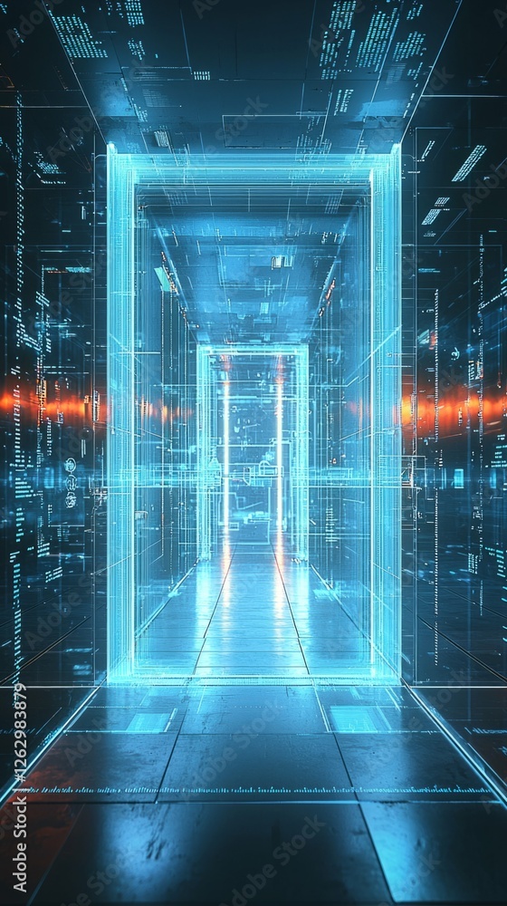 Poster futuristic data center with glowing pathways and digital interfaces