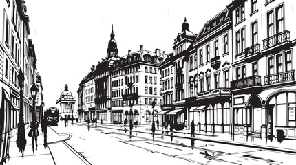 City landscape. Different buildings on street, outline cityscape hand sketch, flat houses. Hand drawn vector illustration