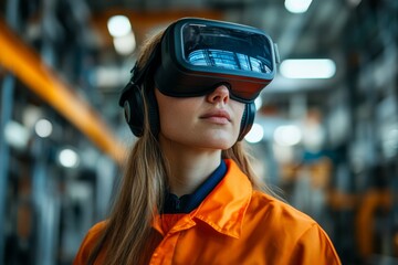 Woman in Orange Jumpsuit Using VR Headset in Industrial Setting