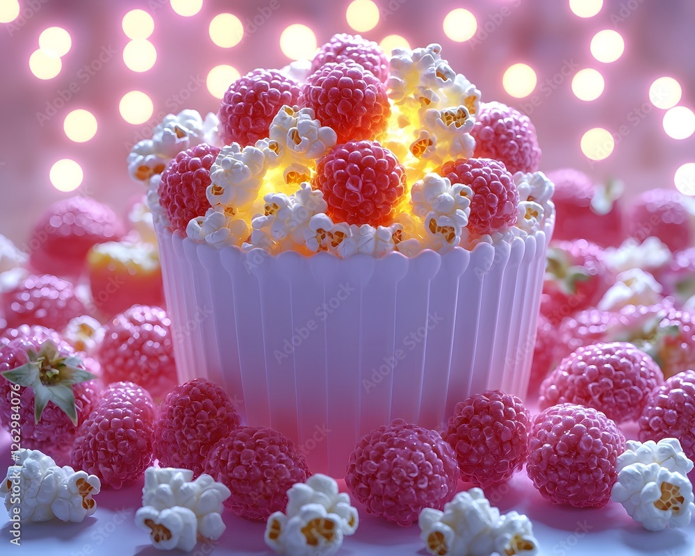 Poster radiant popcorn and candy clusters in playful 3d food pattern background with copy space