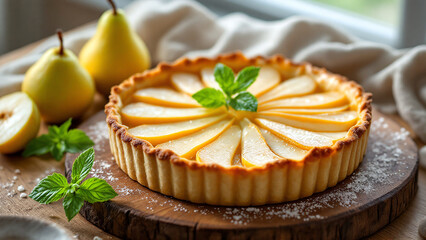 Beautiful pear pie garnished with mint leaves on a wooden serving board.
