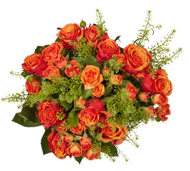 Orange flower bouquet, top view cut out isolated transparent background