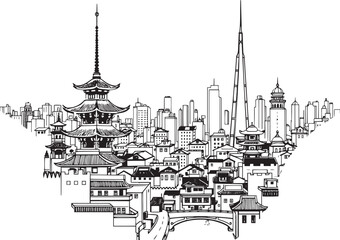 Obraz premium City landscape. Different buildings on street, outline cityscape hand sketch, flat houses. Hand drawn vector illustration