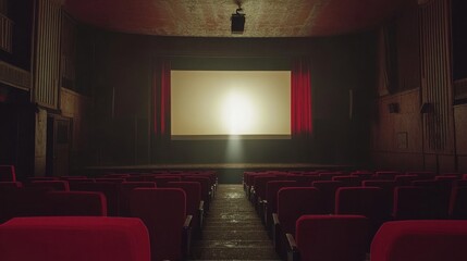 Fototapeta premium Interior of a Vintage Movie Theater with Red Seats and Blank Screen Ready for Film Presentation.