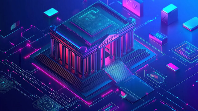 A futuristic decentralized bank with no physical location, operating on blockchain technology and digital currency