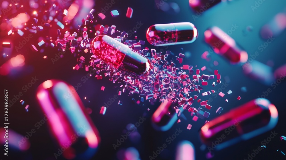 Poster abstract digital art of colorful capsules floating in space