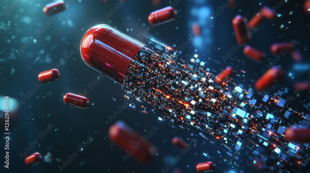 Poster abstract design of red capsule surrounded by digital particles