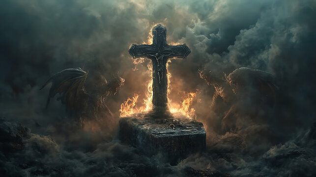 In a hellish landscape filled with swirling smoke and fire, a meticulously carved cross sits on an ancient, decaying coffin, guarded by demonic figures. The demons, with dark, twisted wings 