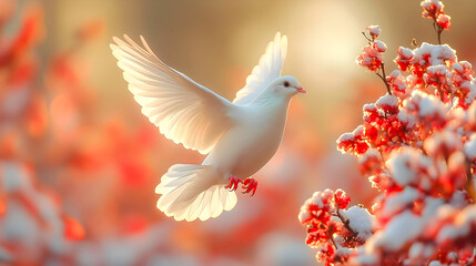 Colombe blanche en vol devant un buisson rouge