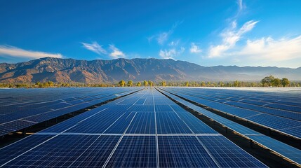 A solar farm with hundreds of panels glistening in the sun, generating clean energy, set against a backdrop of mountains.