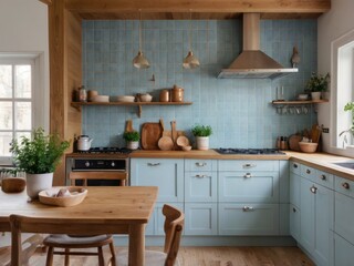 Light Blue Kitchen With Wooden Accents and Farmhouse Style