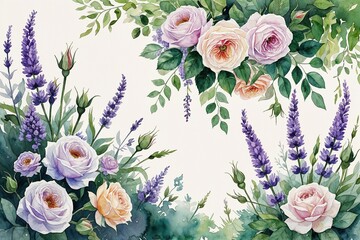 Watercolor Garden Design Featuring Blooming Roses Elegant Lavender and Lush Green Foliage for Invitations Decorative Cards and Home Decor