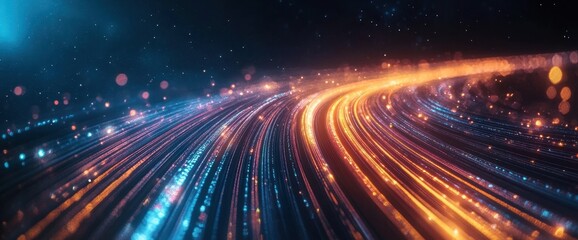 Obraz premium Abstract Data Stream High-Speed Network Connection with Digital Light Trails in Blue and Orange.