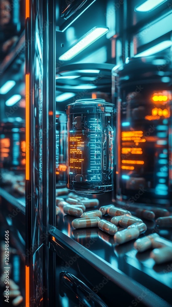 Poster Futuristic Lab Displaying Capsules and Advanced Technology in Focus