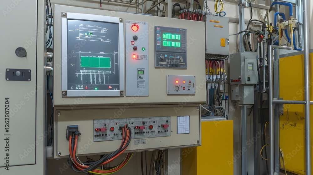 Poster Interior view of a modern advanced control room featuring a sophisticated monitoring system with green indicator lights glowing on the panel