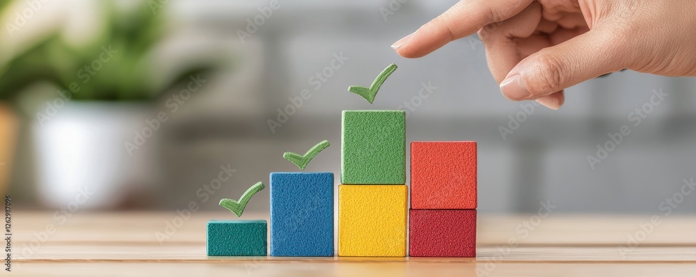 Poster a hand positions a green checkmark above colorful blocks arranged in ascending order, symbolizing gr