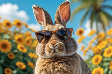 Playful Quirky Rabbit Wearing Sunglasses in Bright Summer Background for Captivating Visuals