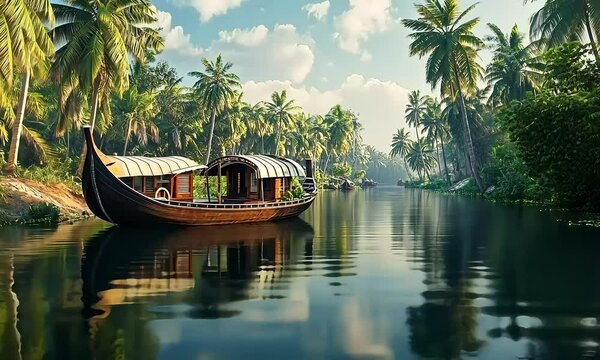 "Kerala's Backwaters: A Serene Tropical Paradise of Canals, Lush Greenery, and Charming Houseboats"
