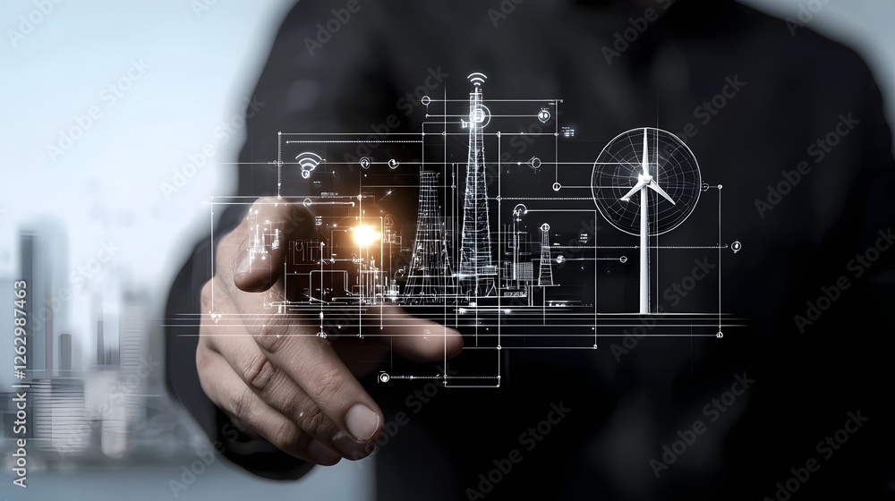Poster businessman s hand interacting with a futuristic digital interface displaying co2 reduction icons gl