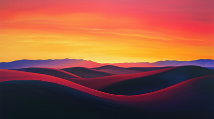 Obraz premium A desert at sunset, with the dunes casting long shadows and the sky glowing orange and pink