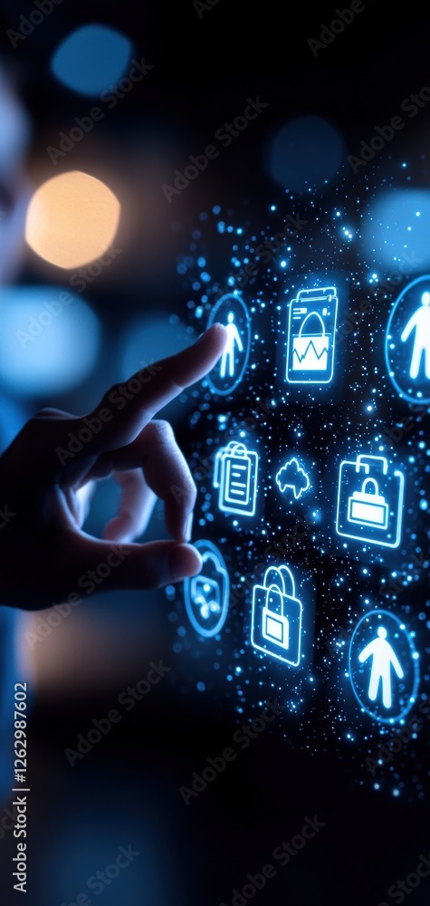 Poster a hand interacts with glowing digital icons, representing technology, user interface, and data manag