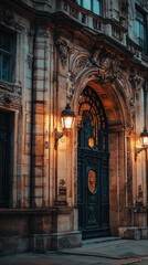 Obraz premium Ornate Historical Facade with Vintage Lanterns at Dusk