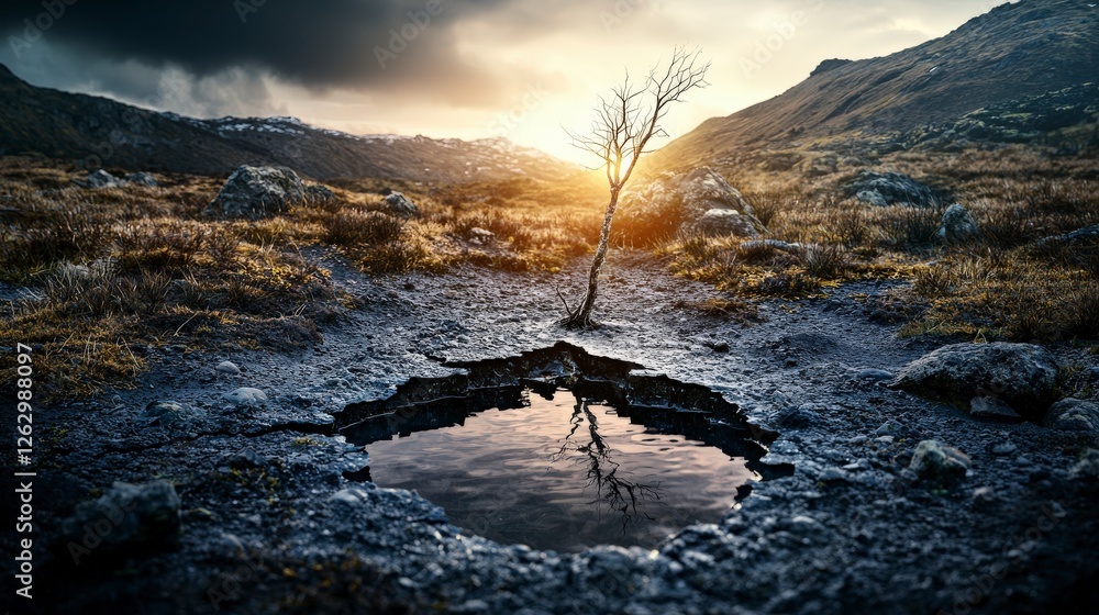 Aufkleber dynamic silent force fracturing perceptions in nature's landscape reflection of a lonely tree at sun