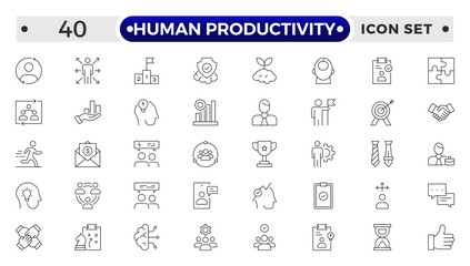 Human Productivity outline icon set productivity and efficiency. Linear business and leader symbols efficiency, task, focus, multitasking, workflow, growth, routine, project management.