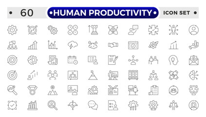 Human Productivity outline icon set productivity and efficiency. Linear business and leader symbols efficiency, task, focus, multitasking, workflow, growth, routine, project management.
