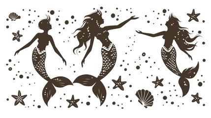 Explore the Enchanting Underwater World with Silhouette of Swimming Mermaids: A Vector Illustration Featuring Mermaid Tails, Shells, and Starfish for Ocean-Themed Art, Marine Fantasy, and Creative Des