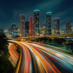 Fototapeta premium Night Lights of Houston Skyline and Highway Traffic