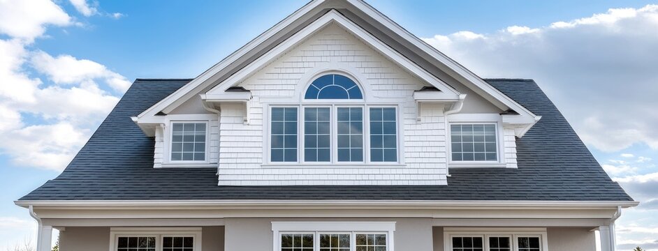 Close-up view of a modern home featuring gray shingle walls and gable roofs under a bright blue sky in New England