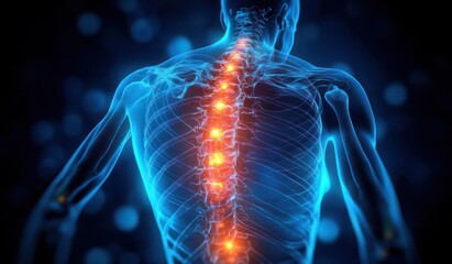 Human Skeleton Anatomical Illustration with Glowing Spine and Lumbar Emphasis